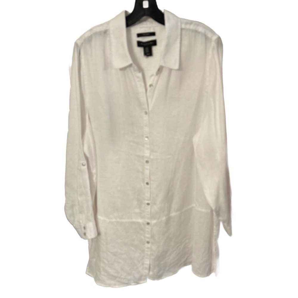 Tahari Womens Shirt Button Up 100% Linen Sz 1x White Button Up Top Roll Tab New